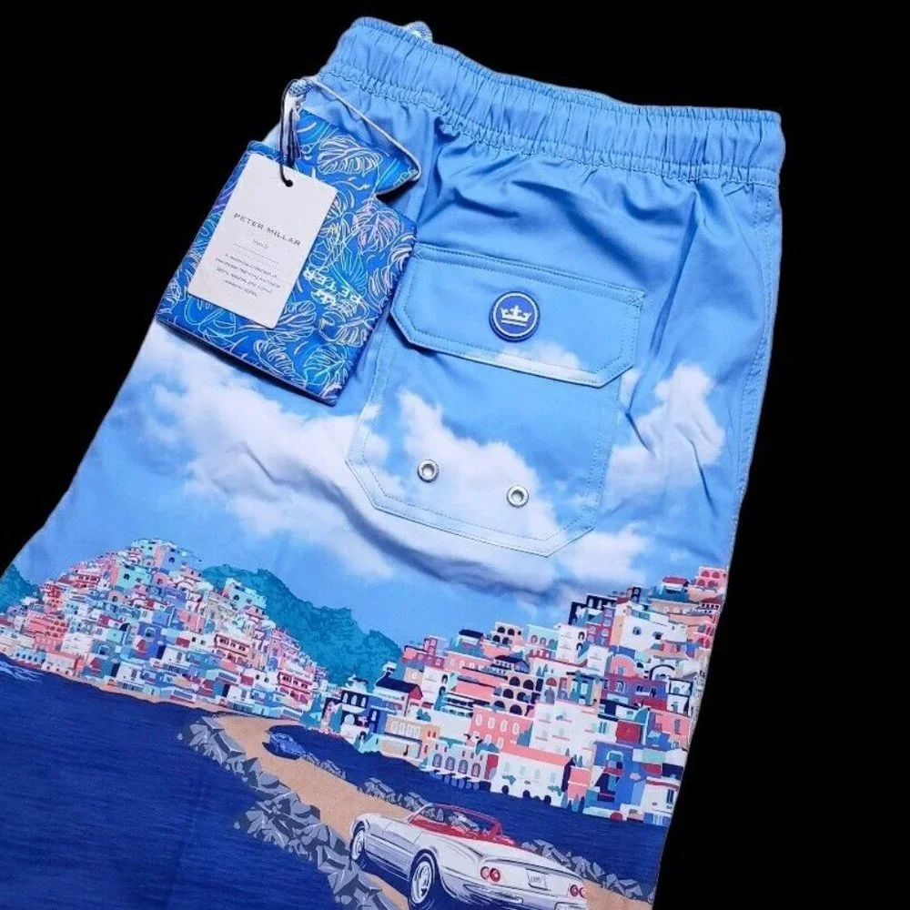 NEW Peter Millar Men's XL Graphic Print Drawstring Lined Swim Trunks